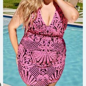 Primavera Couture Pink Embroidered Lace Sheath Dress